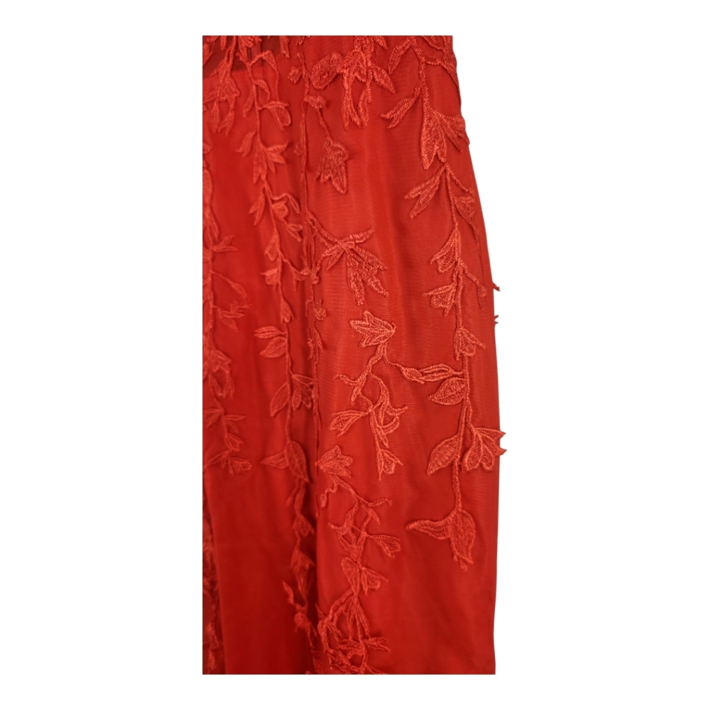 Red Leaf Detail High Slit Trumpet Gown Sz 2 Vamp Bustier Sheer Mesh Maxi Formal - Picture 6 of 13